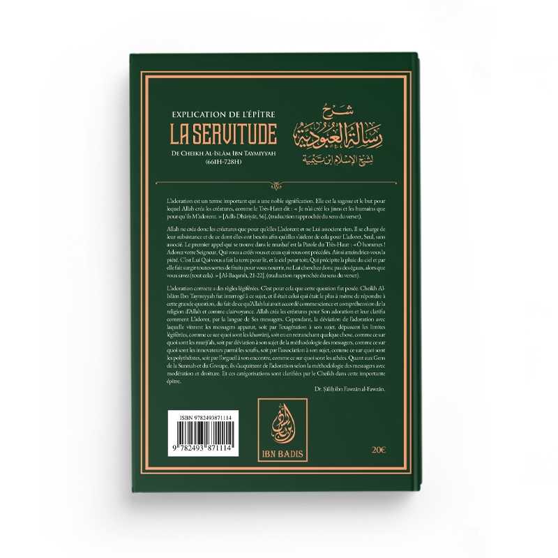 Livre "Explication de l'Épître de la Servitude" d'Ibn Taymiyya, édition Ibn Badis, couverture avec titre et détails du livre.