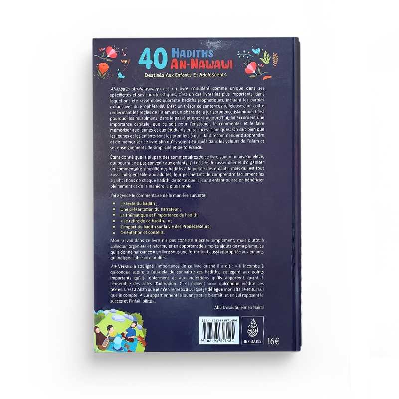 Livre pour enfants 40 Hadiths An-Nawawi par Abu Uwais Suleiman Naimi, édition Ibn Badis, couverture avec titre en bleu et or.