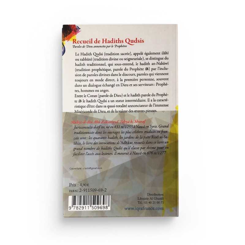 Livre Recueil de Hadiths Qudsis d'après Nawawi, édition IQRA, couverture avec titre en arabe et design sobre visible.