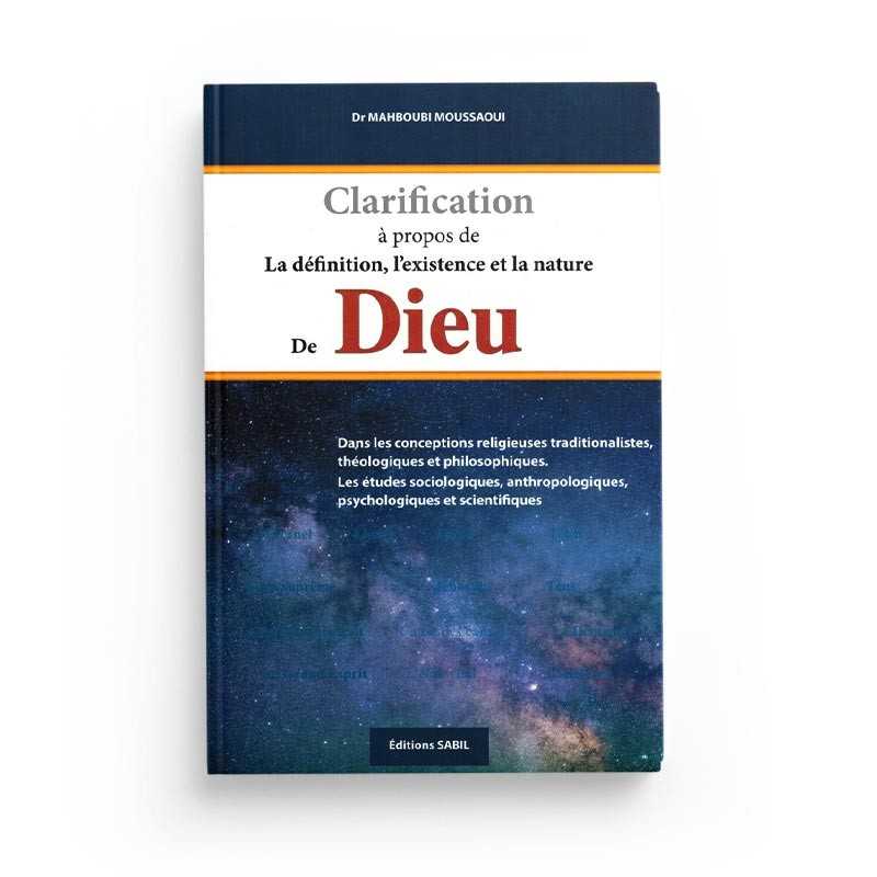Livre de l'Édition Sabil sur la définition, l'existence et la nature de Dieu, par Dr. Mahboubi Moussaoui, couverture visible.