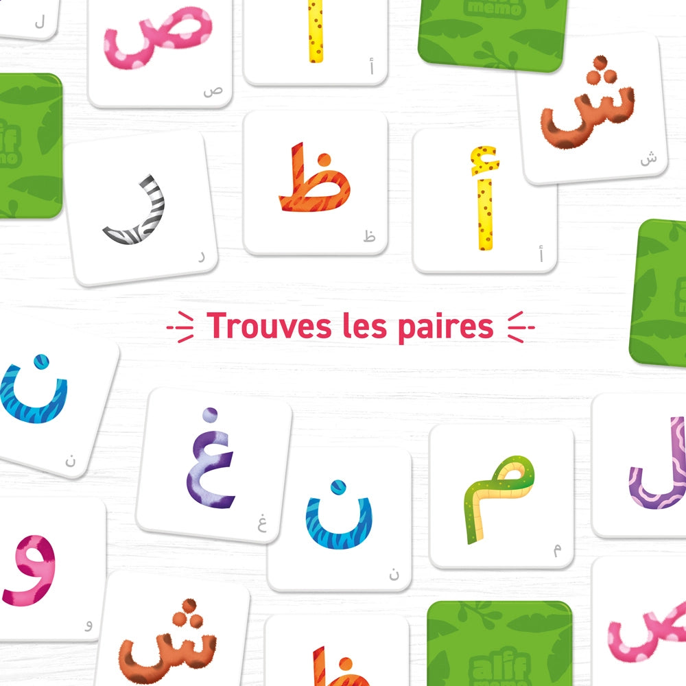 Jeu éducatif Alif Mémo Lettres Arabes d'Educatfal avec cartes illustrées pour apprendre l'alphabet arabe.