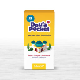 Jeu éducatif DOU’A POCKET d'Educatfal avec 50 cartes illustrées d'invocations quotidiennes en arabe, français et phonétique.
