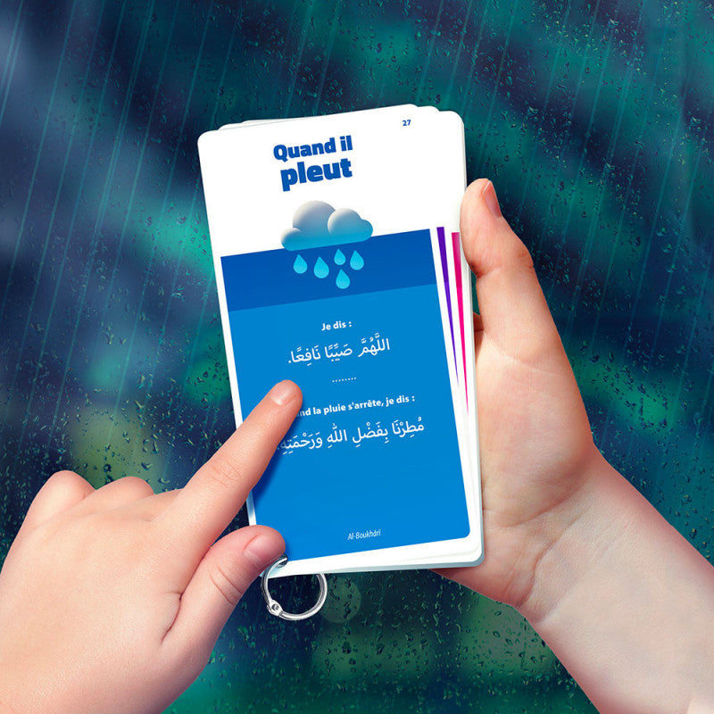 Jeu éducatif DOU’A POCKET de Educatfal avec 50 cartes illustrant des invocations quotidiennes en arabe, français et phonétique.