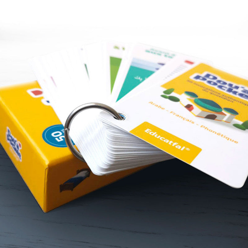 Jeu éducatif DOU’A POCKET d’Educatfal avec 50 cartes d’invocations quotidiennes en arabe, français et phonétique.