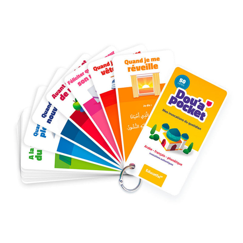 Jeu éducatif DOU’A POCKET d'Educatfal avec 50 cartes d'invocations quotidiennes en arabe, français et phonétique.