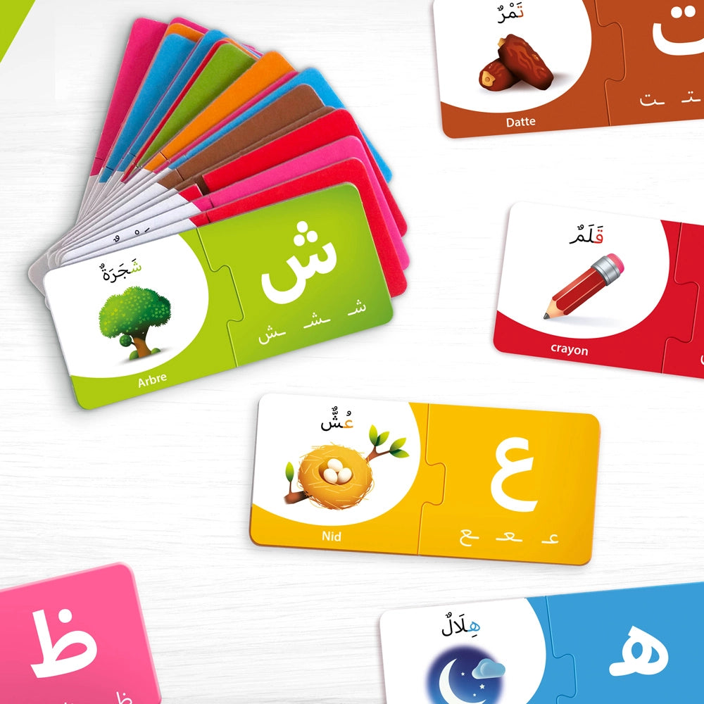 Jeu éducatif éducatfal "J’apprends l’alphabet arabe" avec lettres arabes colorées et illustrations pour apprendre l'alphabet.
