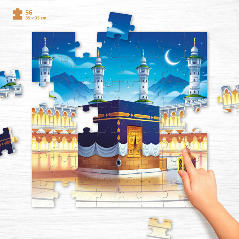 Puzzle éducatif Makkah Educatfal avec 56 pièces, visible image de pièces colorées et illustrations détaillées.