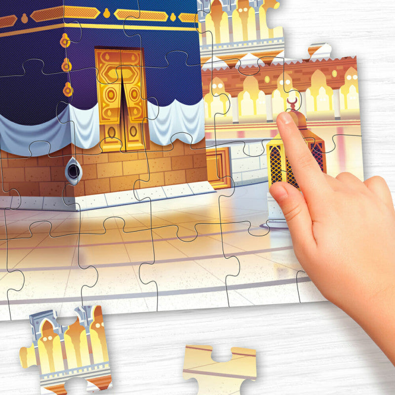 Puzzle éducatif Makkah de 56 pièces d'Educatfal, image montrant le puzzle avec ses pièces colorées et le thème de Makkah