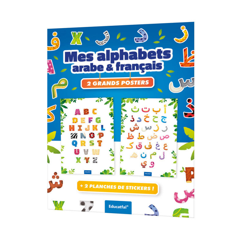 Deux grands posters éducatifs avec alphabets arabe et français, accompagnés de deux planches de stickers colorés.