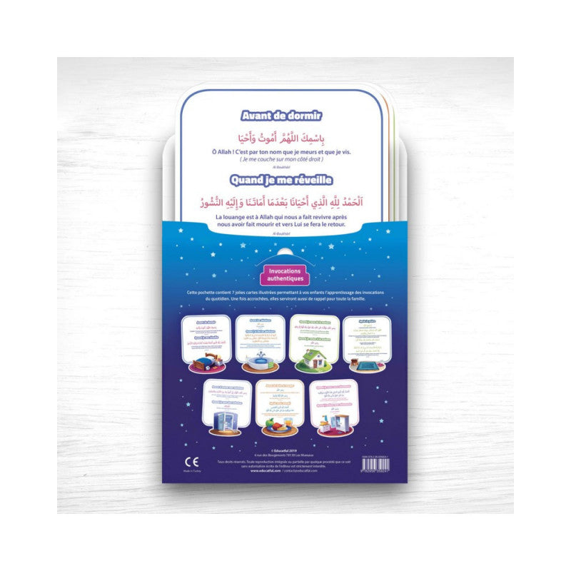 Poster featuring "Mes Premières Invocations" with 7 Arabic-French cards by Educatfal, showcasing colorful illustrations.