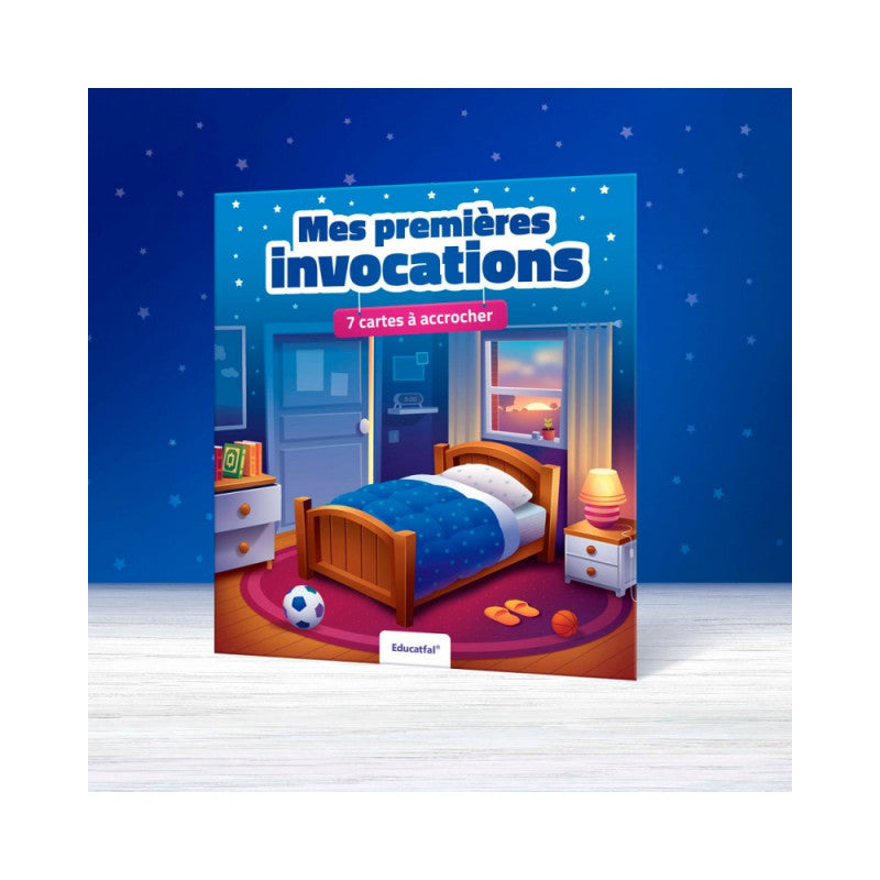 Poster featuring 7 hanging invocation cards in Arabic and French by Educatfal, designed for educational purposes.