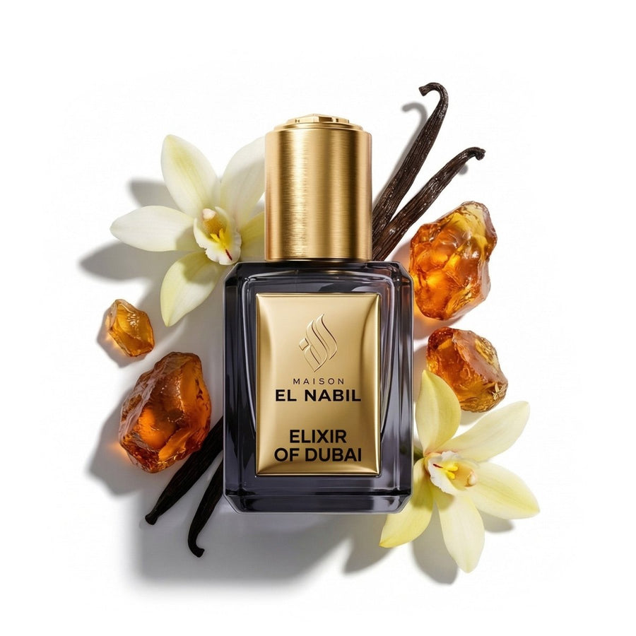 Parfum Nabil Roll-On Elixir of Dubai 5ml, flacon en verre avec applicateur à bille, parfum gourmand oriental aux notes de noix et d'épices chaudes.