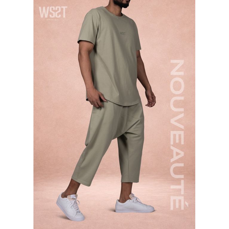 Ensemble homme WASSAT avec sarouel et T-shirt en coton, disponible en noir, gris, vert, beige et bleu ciel.