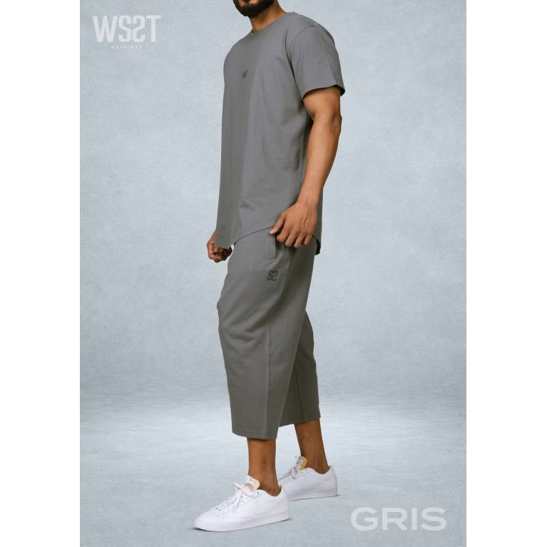 Ensemble homme WASSAT avec sarouel et t-shirt en coton noir, gris, vert, beige ou bleu ciel, vêtements confortables et stylés.