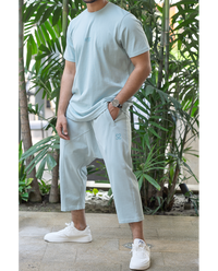Ensemble homme WASSAT avec sarouel et tee-shirt en coton noir, gris, vert, beige ou bleu ciel, vêtements confortables et stylés.