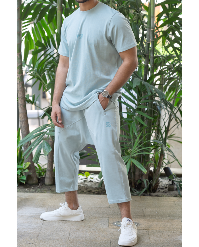Ensemble homme WASSAT avec sarouel et tee-shirt en coton noir, gris, vert, beige ou bleu ciel, vêtements confortables et stylés.