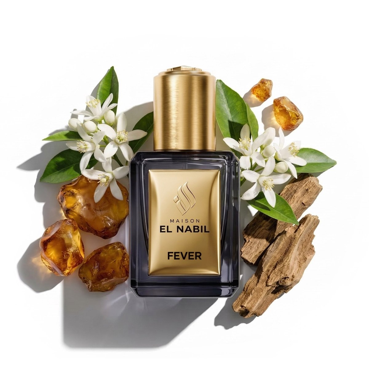Parfum Nabil Roll-On Fever 5ml, flacon en verre avec applicateur à bille, parfum gourmand ambré aux notes épicées et vanillées.