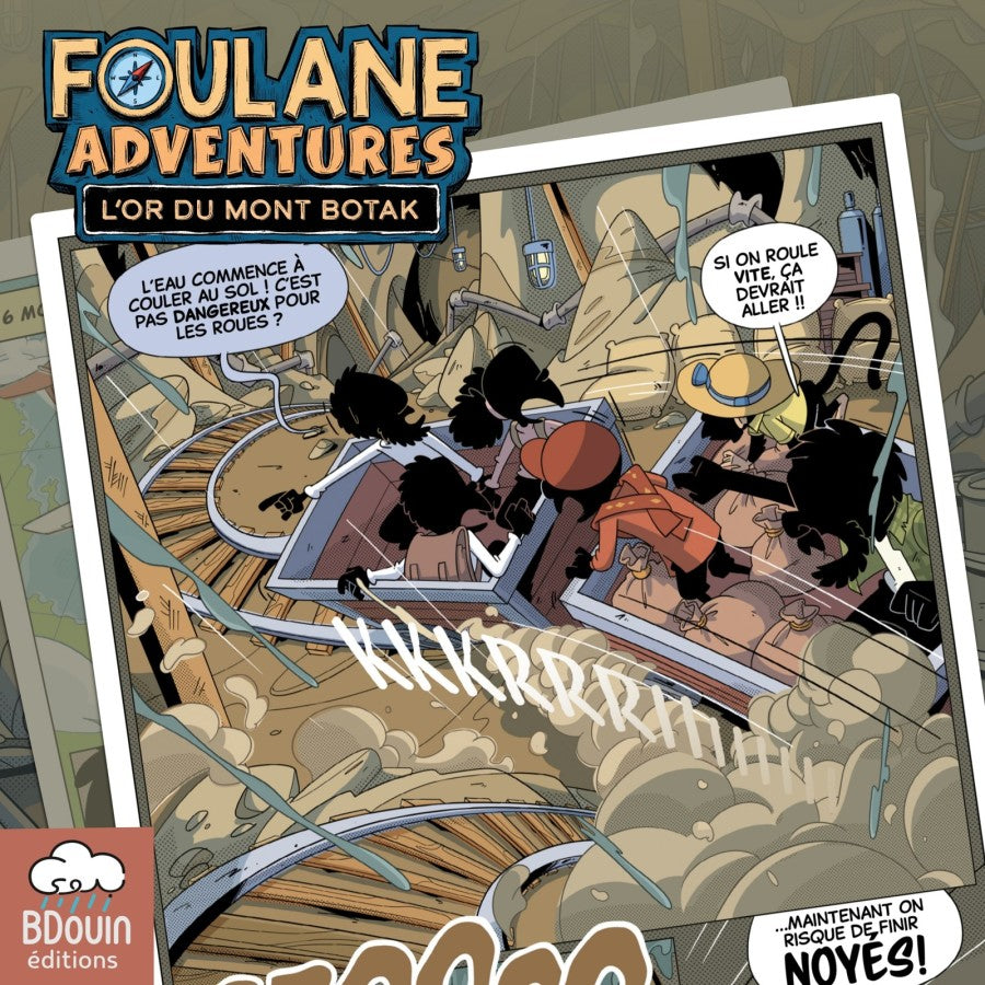 Aperçu illustré de Foulane Adventures, L’or du mont Botak : les personnages en wagonnet dans une galerie de mine envahie par l’eau.