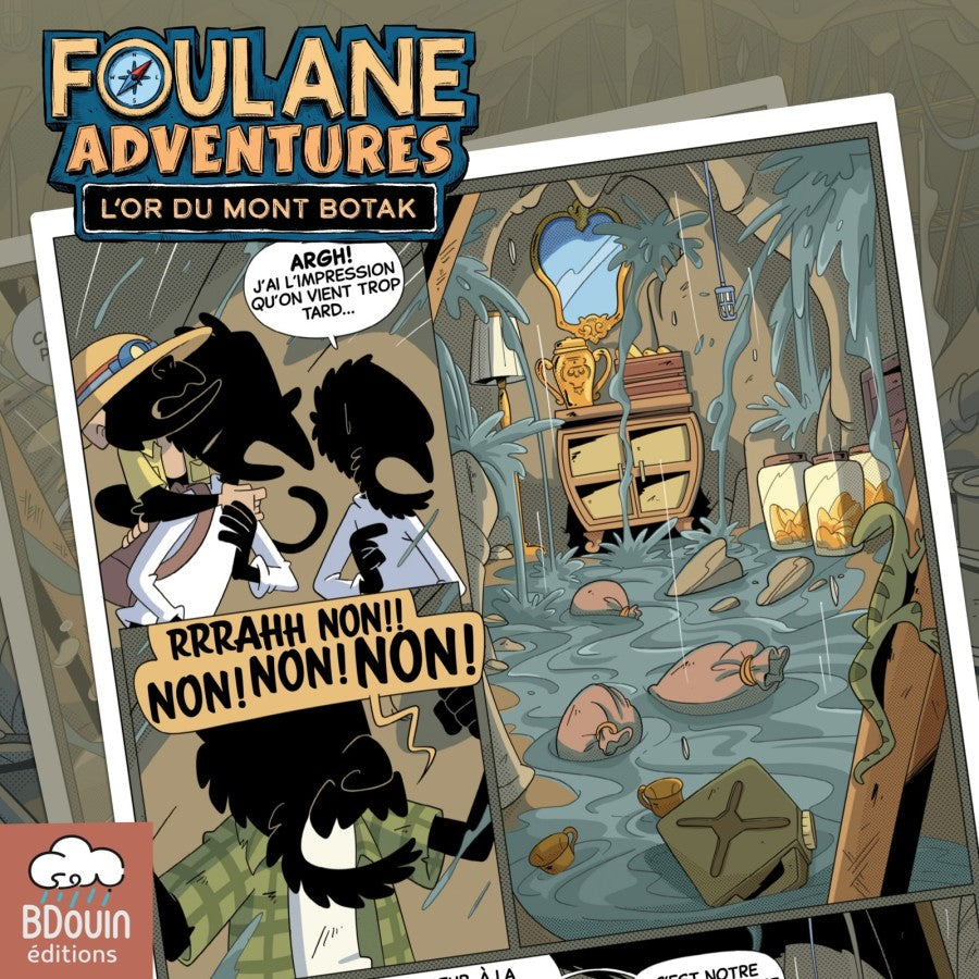 Aperçu illustré de Foulane Adventures tome 2 : les explorateurs découvrent une salle contenant un trésor et envahie par l’eau.