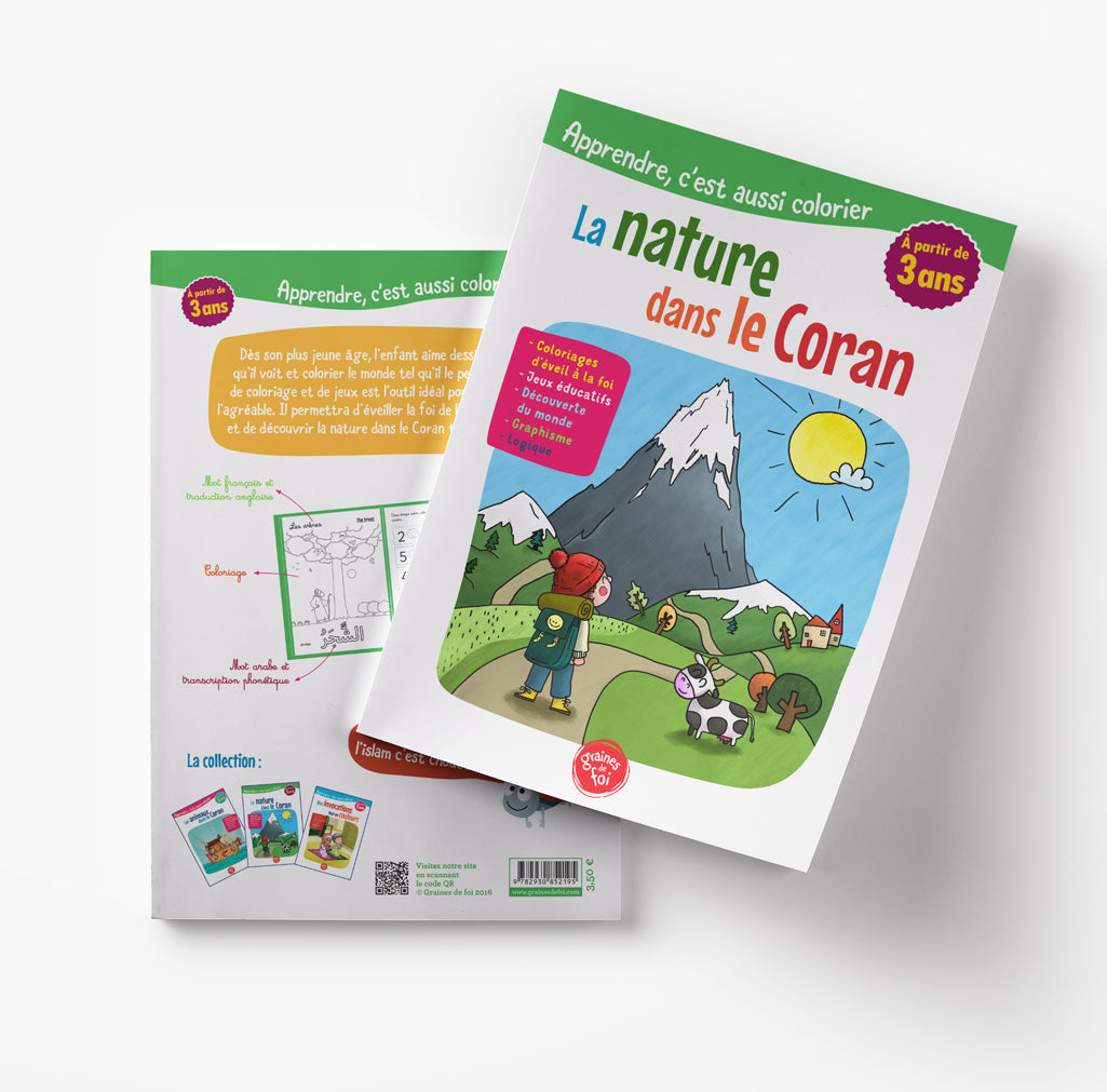 Livre enfant "La Nature Dans le Coran" de Graines De Foi avec couverture illustrée représentant la nature et des éléments islamiques.