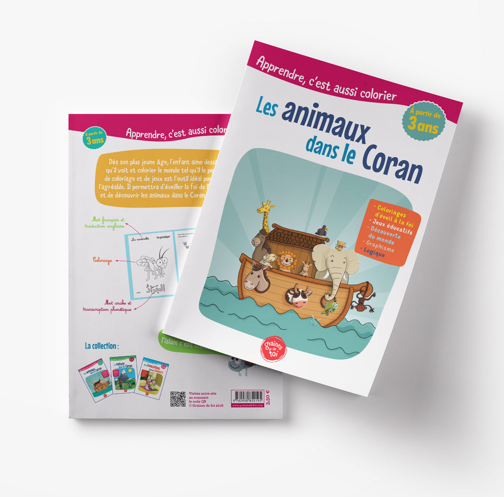 Livre pour enfants "Les Animaux Dans Le Coran" de Graines De Foi, couverture illustrée avec des animaux colorés.