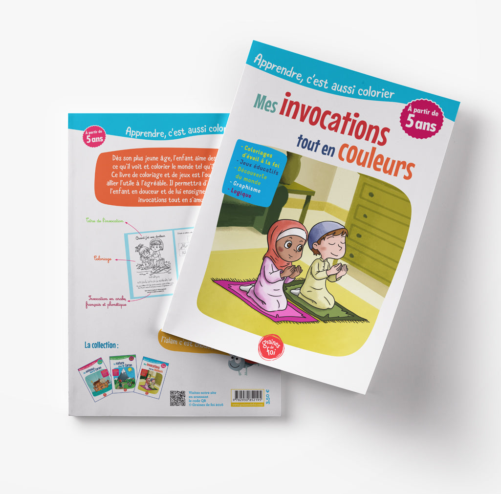 Livre pour enfants "Mes invocations tout en couleurs" de Graines De Foi avec illustrations vibrantes et pages colorées.