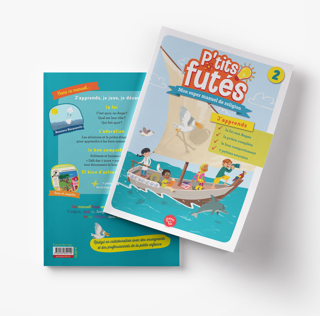 Livre pour enfants P’tits futés 2 de Graines De Foi, manuel de religion illustré pour apprendre la foi et les histoires religieuses.