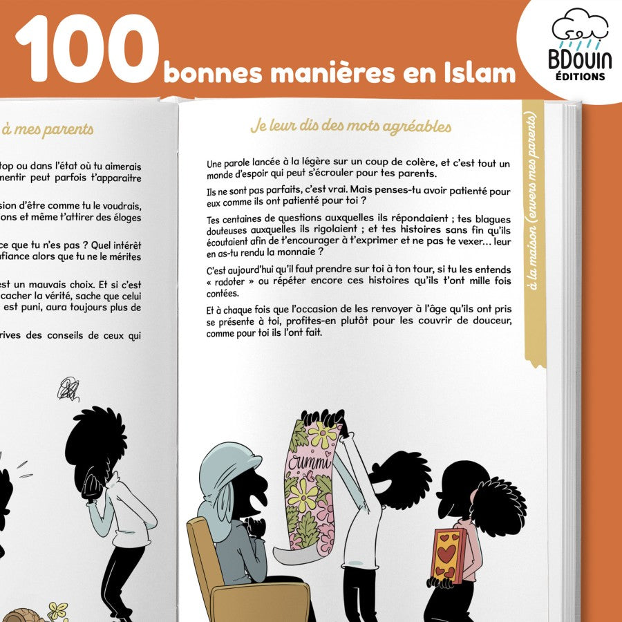 Livre pour enfants Bdouin illustrant les 100 bonnes manières en Islam, couverture colorée avec des illustrations éducatives.