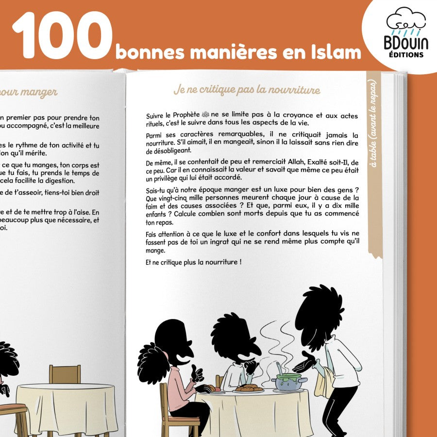 Livre pour enfants Bdouin illustré des 100 Bonnes Manières en Islam, pages colorées avec illustrations éducatives.