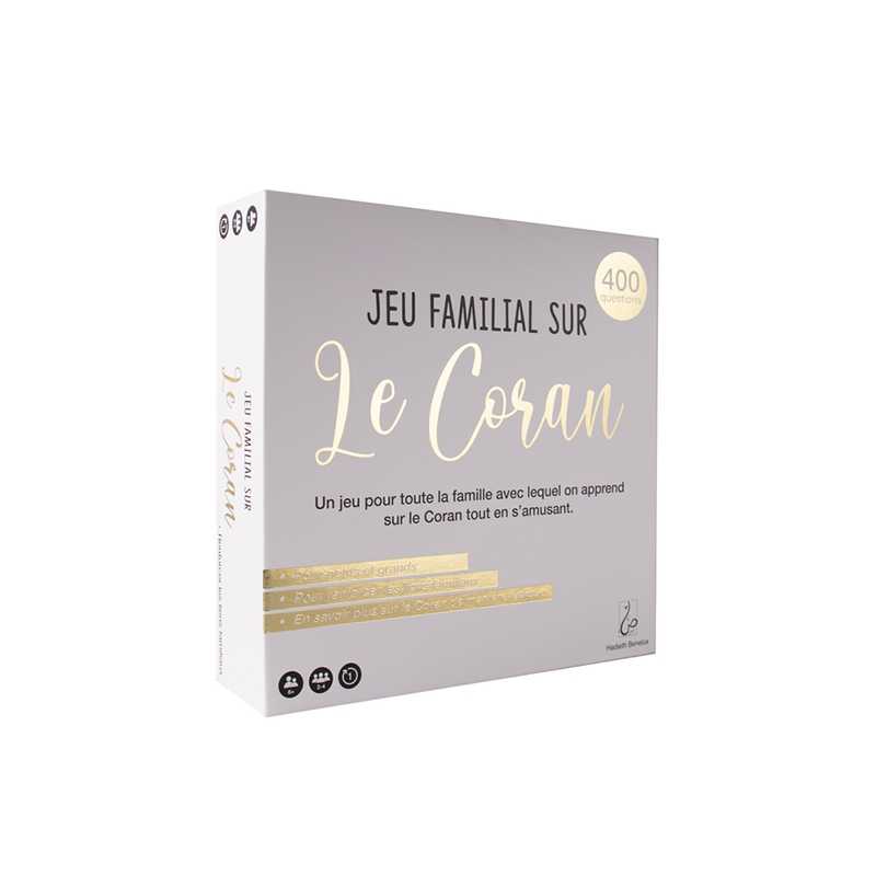 Jeu éducatif familial sur le Coran blanc par Hadieth Benelux, avec cartes et instructions pour apprendre en famille.