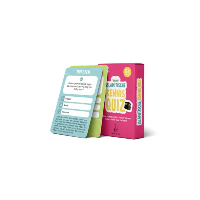 Jeu éducatif Quiz Connaissance sur l'Islam Hadieth Benelux avec 54 cartes en version française, couleur turquoise.