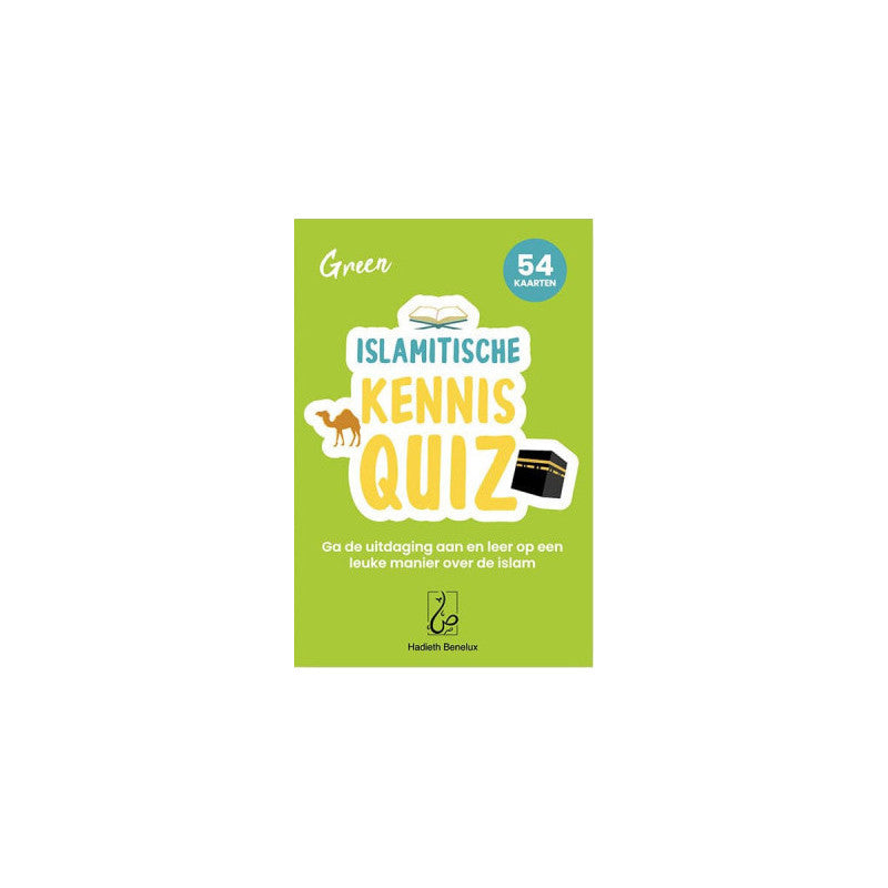 Jeu éducatif Quiz Connaissance sur l'Islam Hadieth Benelux avec 54 cartes en version française, turquoise, pour apprendre l'islam.