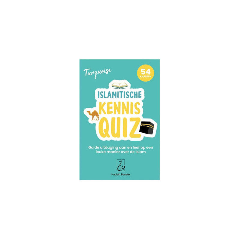 Jeu éducatif Quiz Connaissance sur l'Islam Hadieth Benelux avec 54 cartes, version française, turquoise, pour apprendre l'islam.