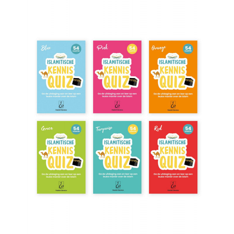 Jeu éducatif Quiz Connaissance sur l'Islam de Hadieth Benelux avec 54 cartes en turquoise, version française.