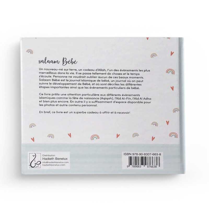 Livre Salaam Bébé de Hadieth Benelux, journal islamique pour bébé en rose et bleu, avec couverture illustrée et titre visible.