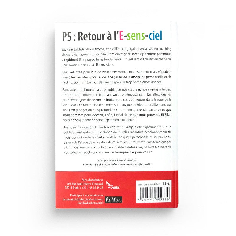 Livre PS : Retour À L’E-Sens-Ciel de Myriam Lakhdar Bounamcha, publié par Hedlina Édition, couverture avec titre et illustrations.