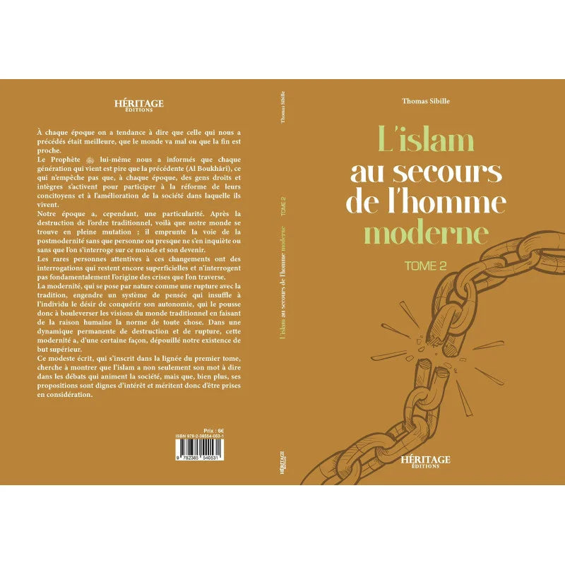 Livre "L'Islam au Secours de l'Homme Moderne" Tome 2 de Thomas Sibille, édition Héritage, couverture avec titre et images religieuses.