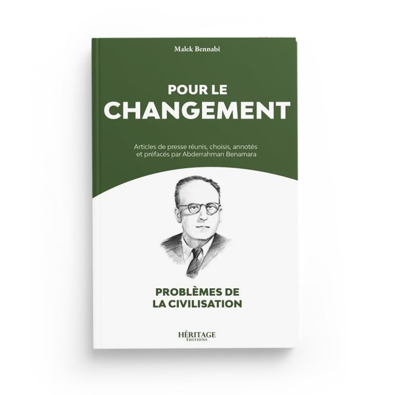 Livre "Pour le changement" de Malek Bennabi, édition Héritage, couverture avec titre et logo en arrière-plan.