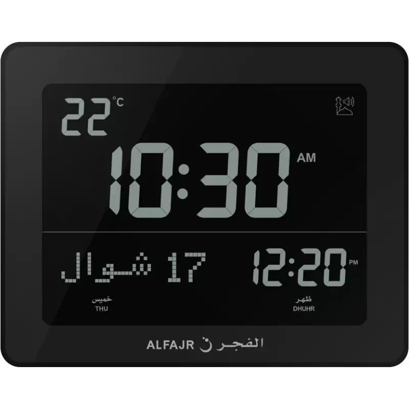Horloge de bureau Al Fajr noire avec affichage numérique et appel à la prière, appareil électronique pour la prière quotidienne.