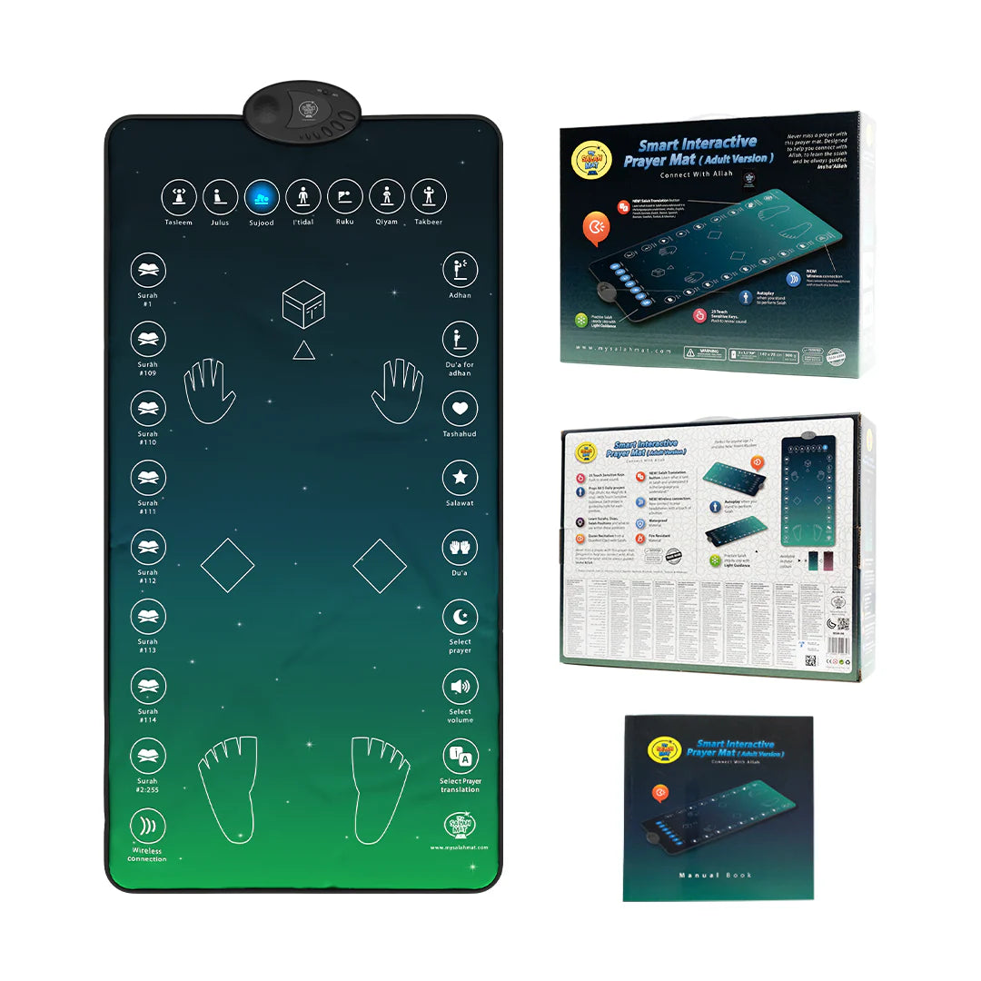 Tapis de prière interactif intelligent pour adultes My Salah Mat en teal, tapis de prière moderne avec fonctionnalités éducatives.