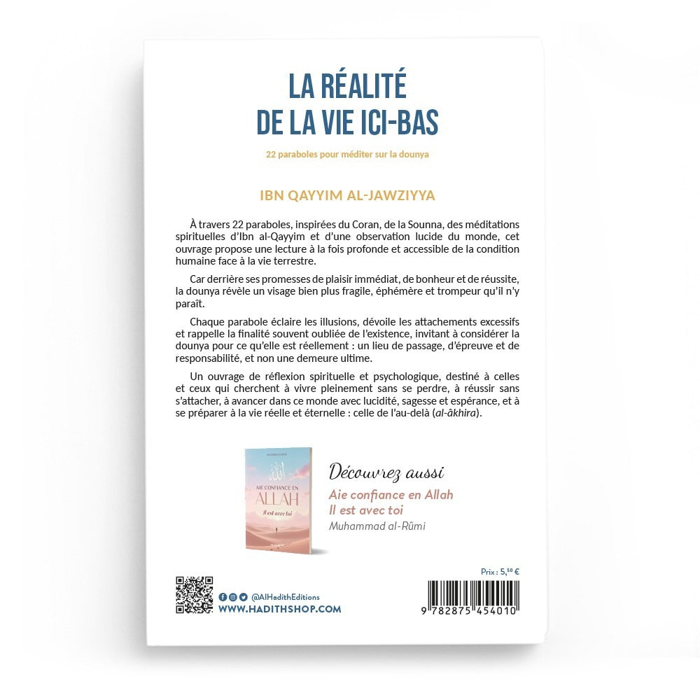 La Réalité De La Vie Ici-Bas book by Al-Hadith featuring 22 parables on a wooden table background.