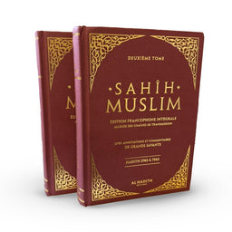 Livre Sahih Muslim Français Intégral en 2 volumes d'Al-Hadith, édition complète avec pages visibles et couverture.