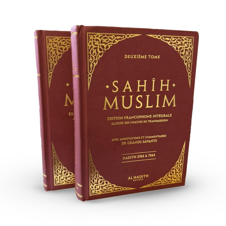 Livre Sahih Muslim Français Intégral en 2 volumes d'Al-Hadith, édition complète avec pages visibles et couverture.