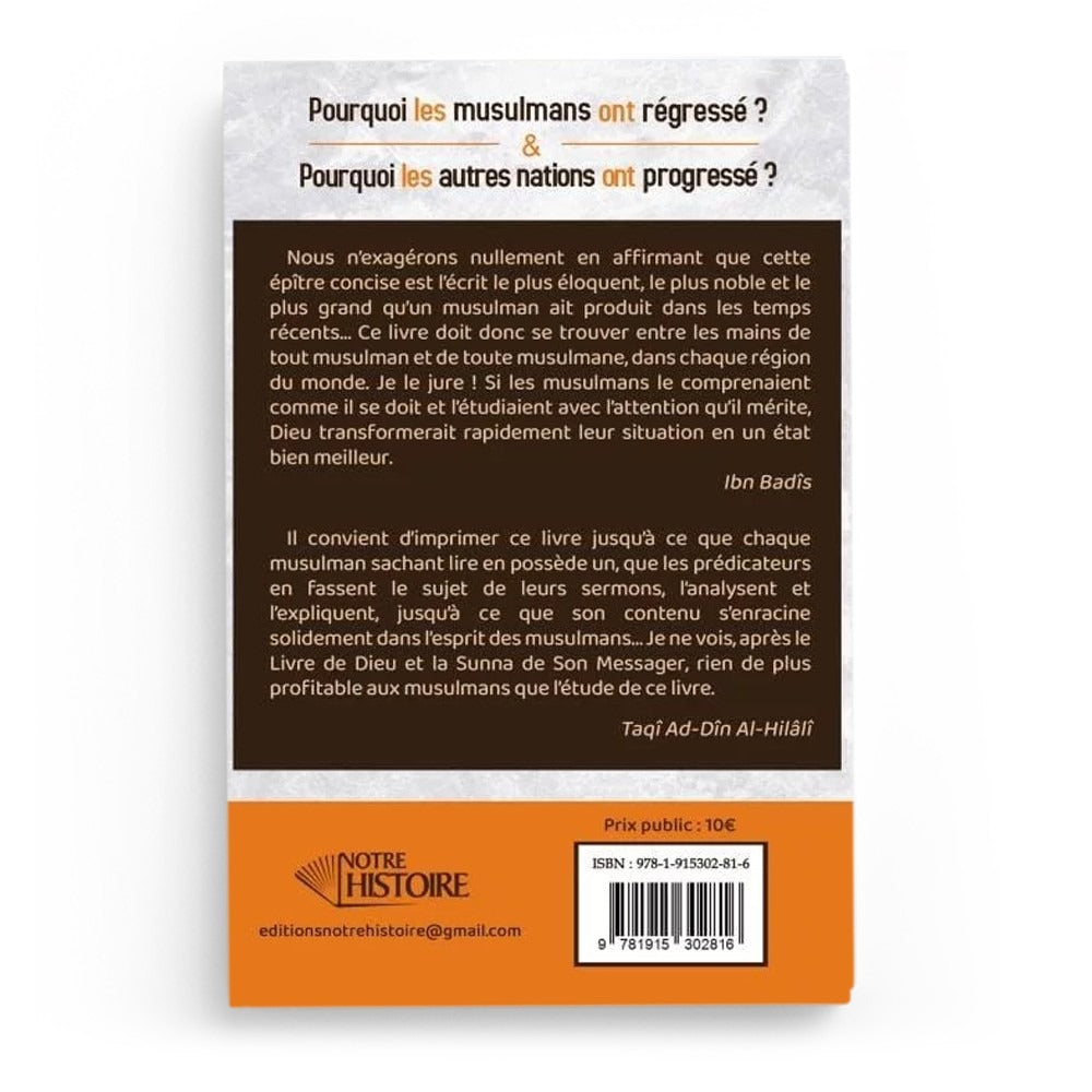 Livre intitulé "Pourquoi Les Musulmans Ont Régressé ?" de Shakib Arslân, édition Le Droit Chemin, page ouverte avec texte visible.