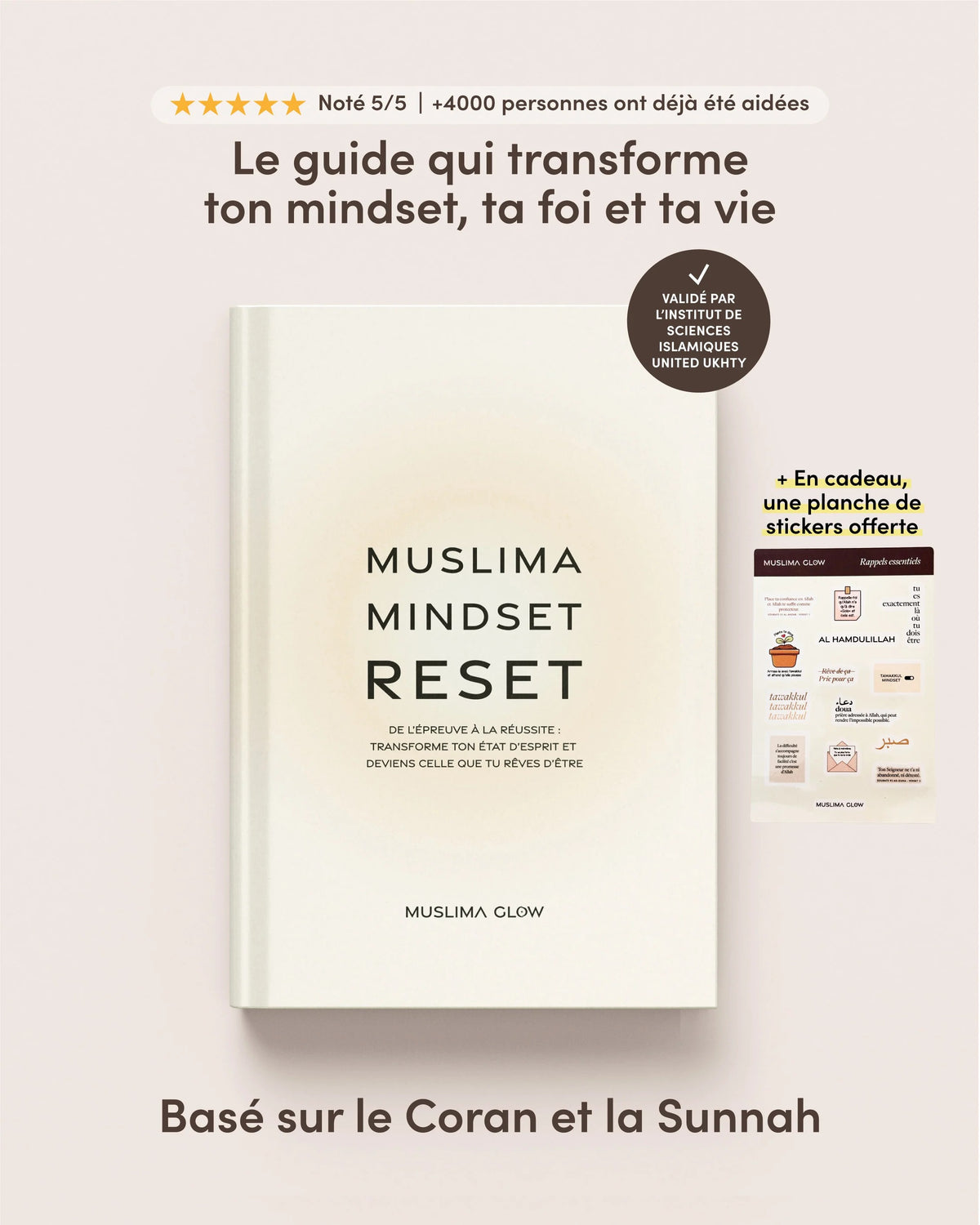 Livre Muslima Mindset Reset de Muslima Glow, guide de transformation islamique pour femmes, avec couverture et titre visible.