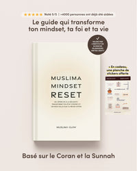 Livre Muslima Mindset Reset de Muslima Glow, guide de transformation islamique pour femmes, avec couverture et titre visible.