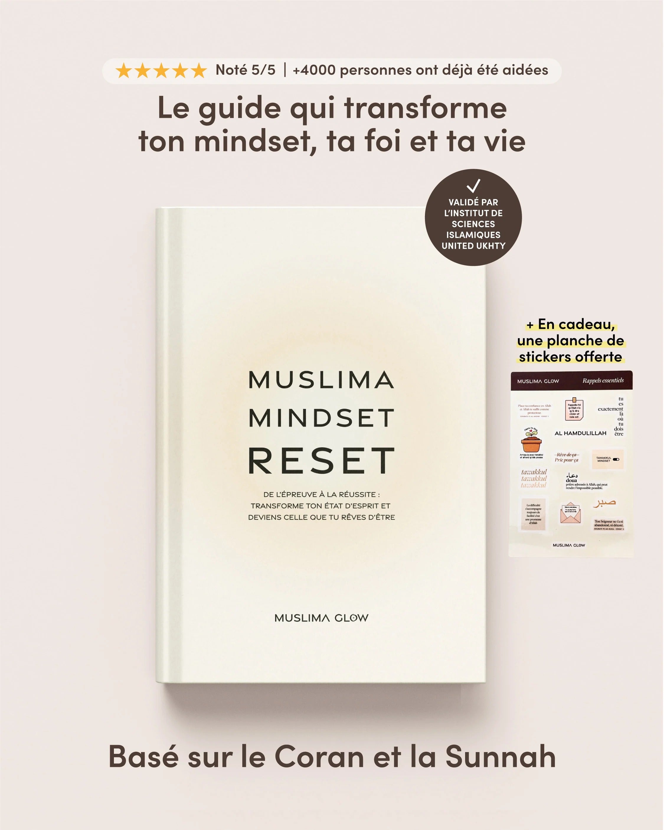 Livre Muslima Mindset Reset de Muslima Glow, guide de transformation islamique pour femmes, avec couverture et titre visible.