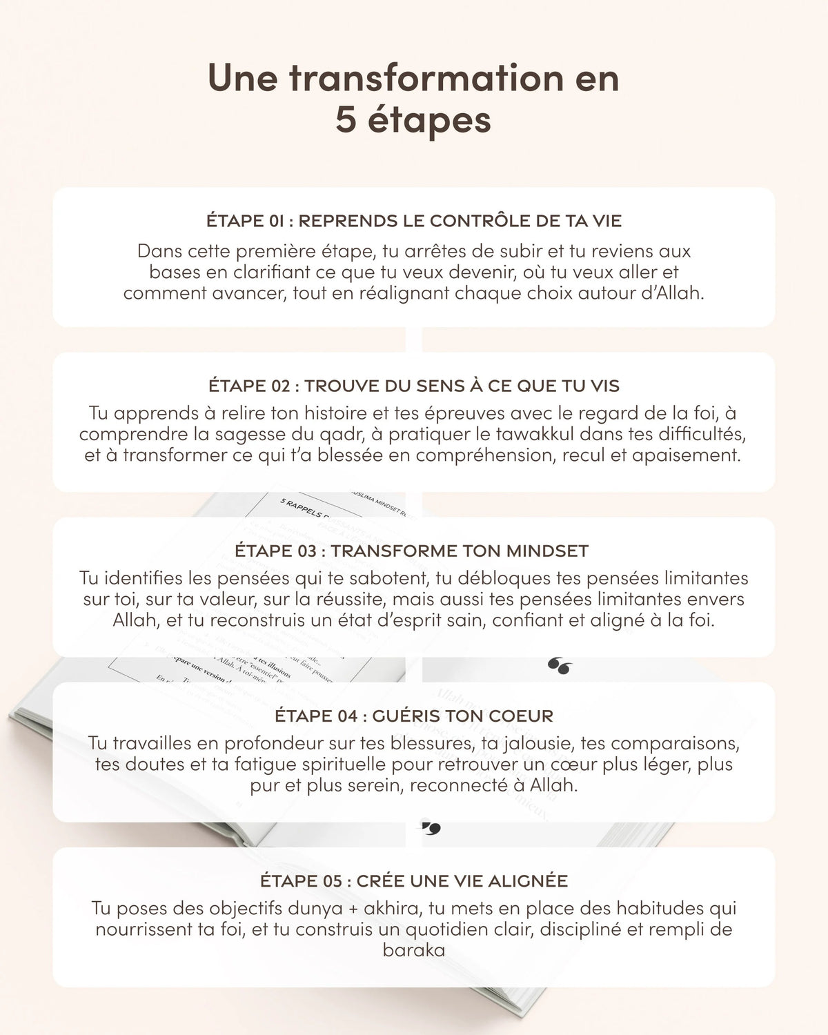 Livre Muslima Mindset Reset de Muslima Glow, guide de transformation islamique pour femmes, avec couverture colorée et titre visible.