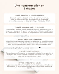 Livre Muslima Mindset Reset de Muslima Glow, guide de transformation islamique pour femmes, avec couverture colorée et titre visible.