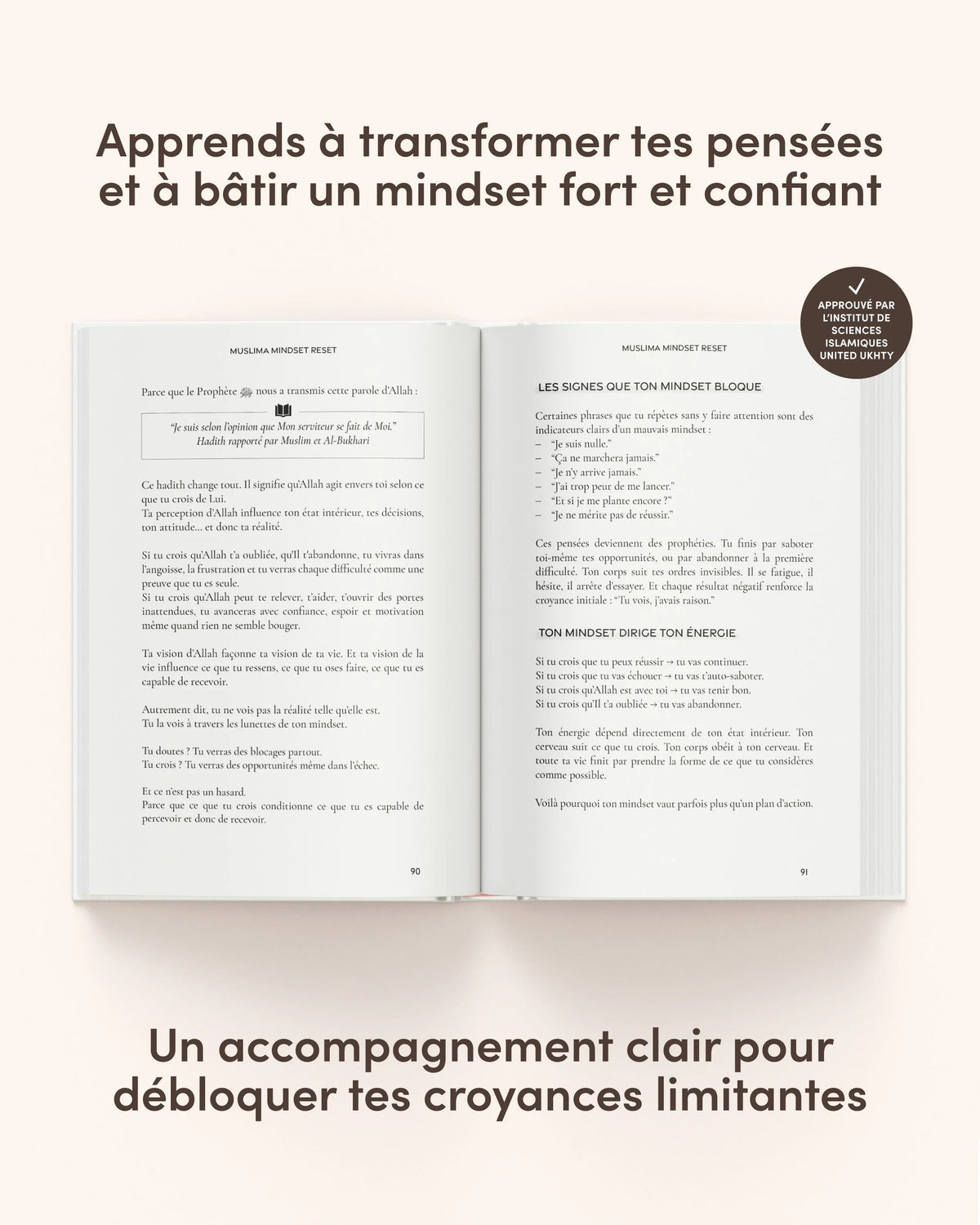 Livre Muslima Mindset Reset de Muslima Glow, guide de transformation islamique pour femmes, avec couverture et titre visible.
